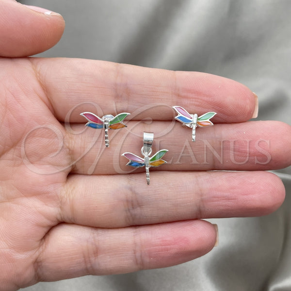 Sterling Silver Earring and Pendant Adult Set, Dragon-Fly Design, with Multicolor Mother of Pearl, Polished, Silver Finish, 10.399.0007