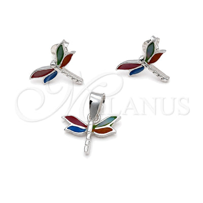 Sterling Silver Earring and Pendant Adult Set, Dragon-Fly Design, with Multicolor Mother of Pearl, Polished for wholesale, main product view