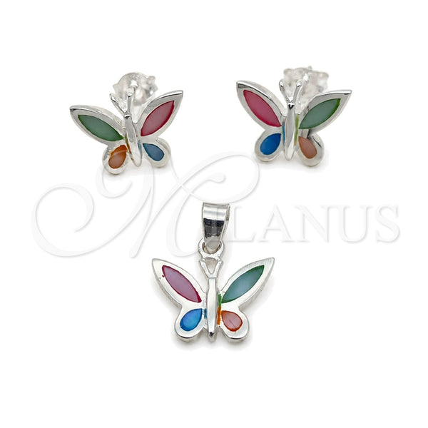 Sterling Silver Earring and Pendant Adult Set, Butterfly Design, with Multicolor Mother of Pearl, Polished, Silver Finish, 10.399.0008
