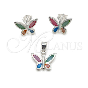 Sterling Silver Earring and Pendant Adult Set, Butterfly Design, with Multicolor Mother of Pearl, Polished, Silver Finish, 10.399.0008