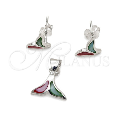 Sterling Silver Earring and Pendant Adult Set, Fish Design, with Multicolor Mother of Pearl, Polished, Silver for wholesale, main product view