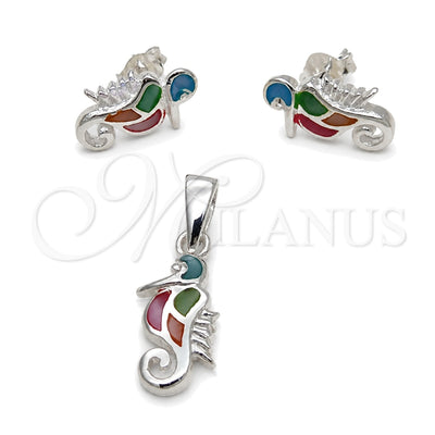 Sterling Silver Earring and Pendant Adult Set, Seahorse Design, with Multicolor Mother of Pearl, Polished, Silver Finish, 10.399.0010