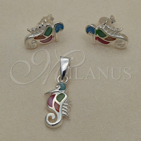 Sterling Silver Earring and Pendant Adult Set, Seahorse Design, with Multicolor Mother of Pearl, Polished, Silver Finish, 10.399.0010