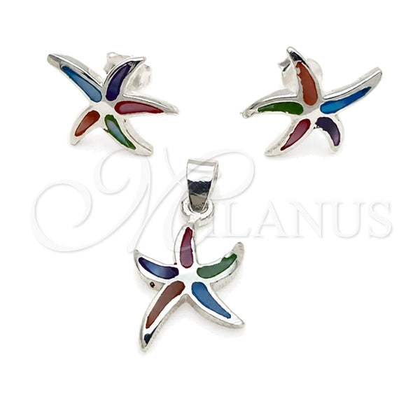 Sterling Silver Earring and Pendant Adult Set, Star Design, with Multicolor Mother of Pearl, Polished, Silver Finish, 10.399.0012