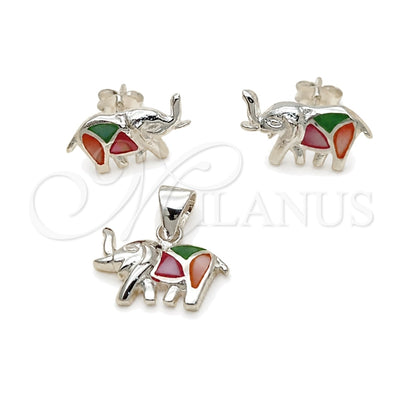 Sterling Silver Earring and Pendant Adult Set, Elephant Design, with Multicolor Mother of Pearl, Polished, Silver Finish, 10.399.0013