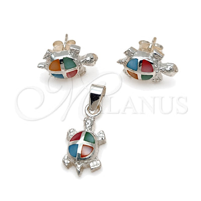 Sterling Silver Earring and Pendant Adult Set, Turtle Design, with Multicolor Mother of Pearl, Polished, Silver Finish, 10.399.0014