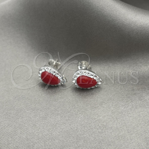 Sterling Silver Stud Earring, with White Cubic Zirconia and Orange Red Pearl, Polished, Silver Finish, 02.399.0038.1