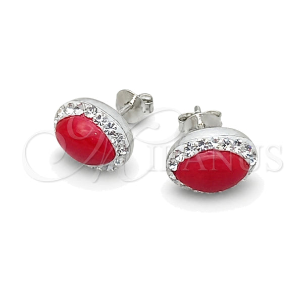 Sterling Silver Stud Earring, with White Cubic Zirconia and Orange Red Pearl, Polished, Silver Finish, 02.399.0037.1