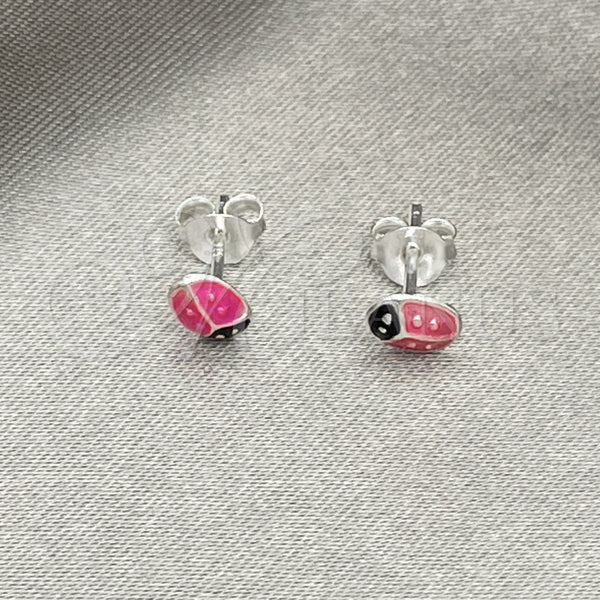 Sterling Silver Stud Earring, Ladybug Design, Pink Enamel Finish, Silver Finish, 02.406.0001.02