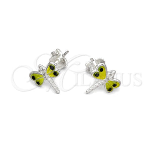Sterling Silver Stud Earring, Dragon-Fly Design, Yellow Enamel Finish, Silver Finish, 02.406.0002.01