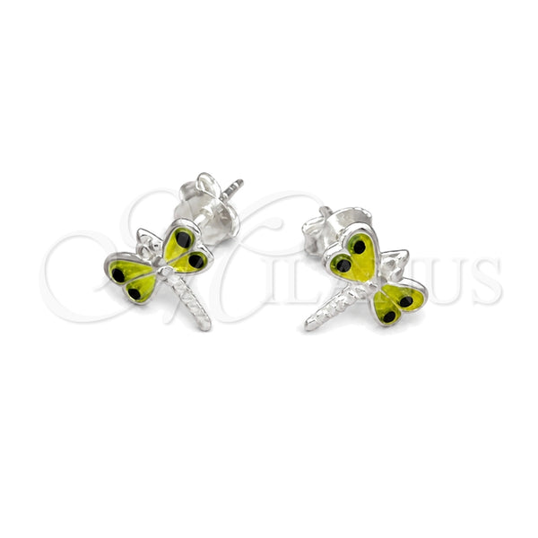Sterling Silver Stud Earring, Dragon-Fly Design, Yellow Enamel Finish, Silver Finish, 02.406.0002.01