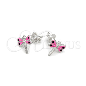 Sterling Silver Stud Earring, Dragon-Fly Design, Pink Enamel Finish, Silver Finish, 02.406.0002.02