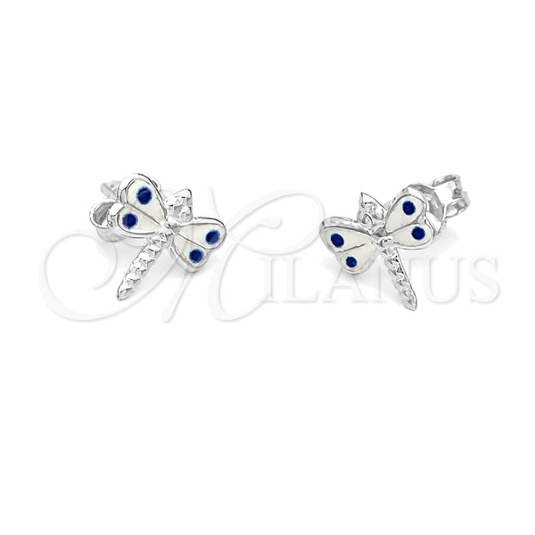 Sterling Silver Stud Earring, Dragon-Fly Design, White Enamel Finish, Silver Finish, 02.406.0002.03