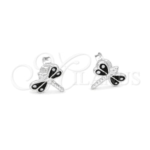 Sterling Silver Stud Earring, Dragon-Fly Design, Black Enamel Finish, Silver Finish, 02.406.0002.04