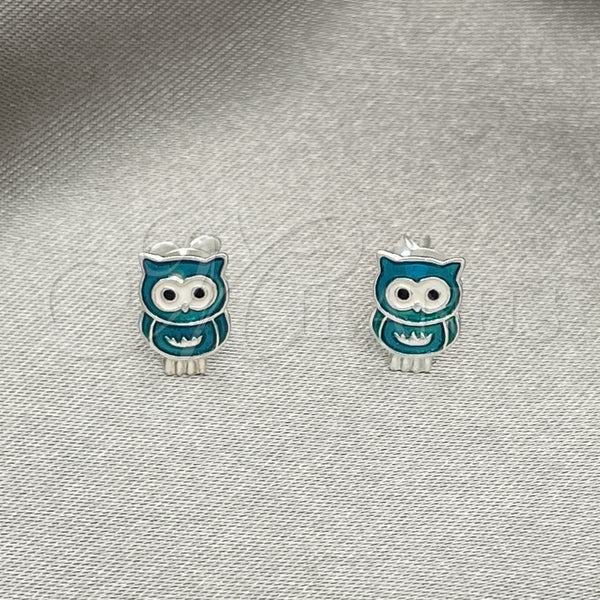 Sterling Silver Stud Earring, Owl Design, Azul claro Enamel Finish, Silver Finish, 02.406.0003.01