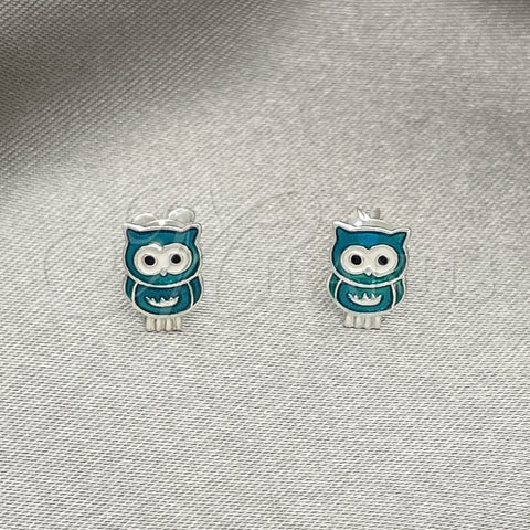 Sterling Silver Stud Earring, Owl Design, Azul claro Enamel Finish, Silver Finish, 02.406.0003.01