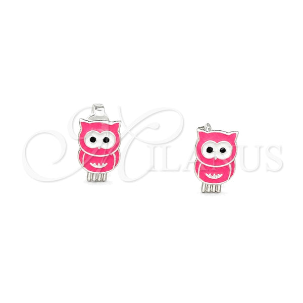 Sterling Silver Stud Earring, Owl Design, Pink Enamel Finish, Silver Finish, 02.406.0003.02
