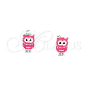 Sterling Silver Stud Earring, Owl Design, Pink Enamel Finish, Silver Finish, 02.406.0003.02