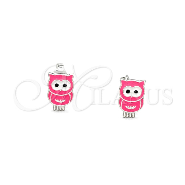 Sterling Silver Stud Earring, Owl Design, Pink Enamel Finish, Silver Finish, 02.406.0003.02