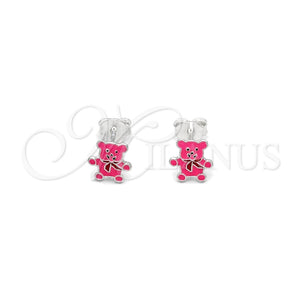 Sterling Silver Stud Earring, Teddy Bear Design, Pink Enamel Finish, Silver Finish, 02.406.0004.01