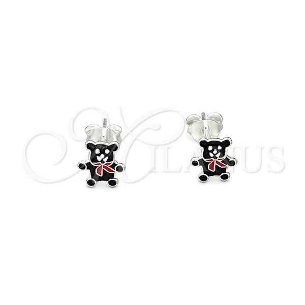 Sterling Silver Stud Earring, Teddy Bear Design, Black Enamel Finish, Silver Finish, 02.406.0004.03