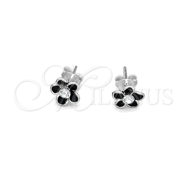 Sterling Silver Stud Earring, Flower Design, Black Enamel Finish, Silver Finish, 02.406.0005.01
