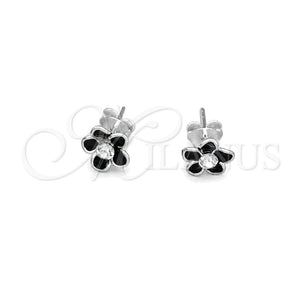 Sterling Silver Stud Earring, Flower Design, Black Enamel Finish, Silver Finish, 02.406.0005.01