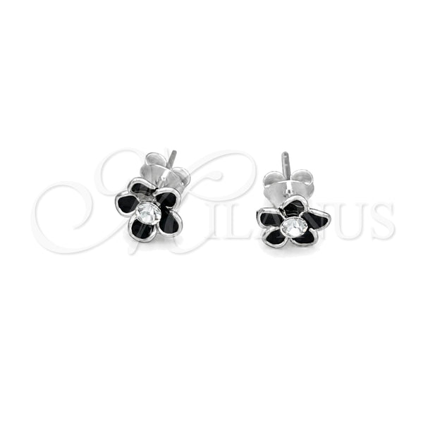 Sterling Silver Stud Earring, Flower Design, Black Enamel Finish, Silver Finish, 02.406.0005.01