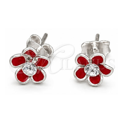 Sterling Silver Stud Earring, Flower Design, Red Enamel Finish, Silver Finish, 02.406.0005.02