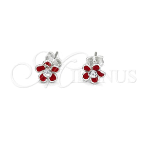 Sterling Silver Stud Earring, Flower Design, Red Enamel Finish, Silver Finish, 02.406.0005.02