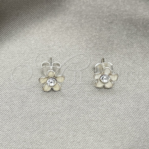 Sterling Silver Stud Earring, Flower Design, White Enamel Finish, Silver Finish, 02.406.0005.03