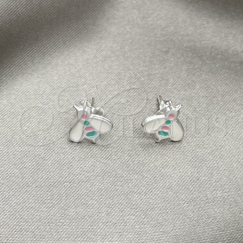 Sterling Silver Stud Earring, Bee Design, White Enamel Finish, Silver Finish, 02.406.0006.01