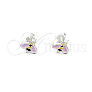Sterling Silver Stud Earring, Bee Design, Pink Enamel Finish, Silver Finish, 02.406.0006.02
