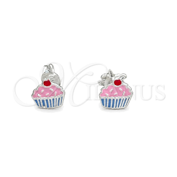 Sterling Silver Stud Earring, Cupcake Design, Pink Enamel Finish, Silver Finish, 02.406.0009.01
