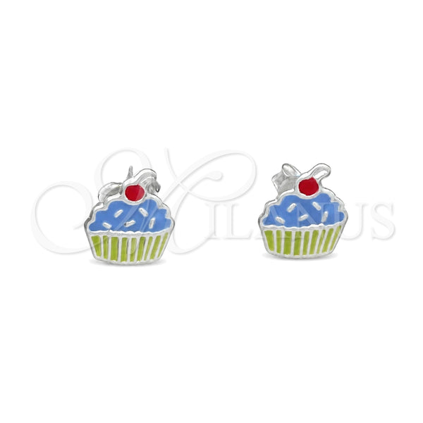 Sterling Silver Stud Earring, Cupcake Design, Azul claro Enamel Finish, Silver Finish, 02.406.0009.02