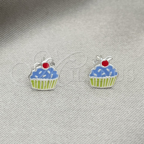 Sterling Silver Stud Earring, Cupcake Design, Azul claro Enamel Finish, Silver Finish, 02.406.0009.02