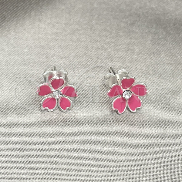 Sterling Silver Stud Earring, Flower Design, Pink Enamel Finish, Silver Finish, 02.406.0012