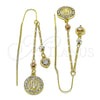 Oro Laminado Threader Earring, Gold Filled Style Guadalupe and Heart Design, with White Crystal and White Cubic Zirconia, Polished, Tricolor, 02.253.0074