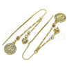 Oro Laminado Threader Earring, Gold Filled Style Guadalupe and Heart Design, with White Crystal and White Cubic Zirconia, Polished, Tricolor, 02.253.0074