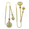 Oro Laminado Threader Earring, Gold Filled Style Caridad del Cobre and Heart Design, with White Cubic Zirconia, Polished, Tricolor, 02.253.0076