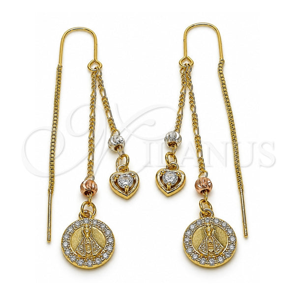 Oro Laminado Threader Earring, Gold Filled Style Caridad del Cobre and Heart Design, with White Cubic Zirconia, Polished, Tricolor, 02.253.0076
