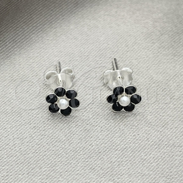 Sterling Silver Ring — Stud Earring Flower Design with Black Crystal Polished — main product view — SKU 151709 | Plata 925 anillo — Stud Earring flor diseño with negro cristal pulido — SKU 151709