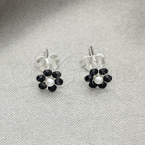 Sterling Silver Ring — Stud Earring Flower Design with Black Crystal Polished — main product view — SKU 151709 | Plata 925 anillo — Stud Earring flor diseño with negro cristal pulido — SKU 151709