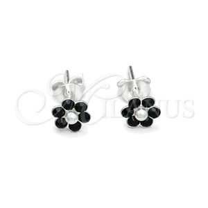 Sterling Silver Stud Earring, Flower Design, with Black Crystal, Polished, Silver Finish, 02.406.0013.03
