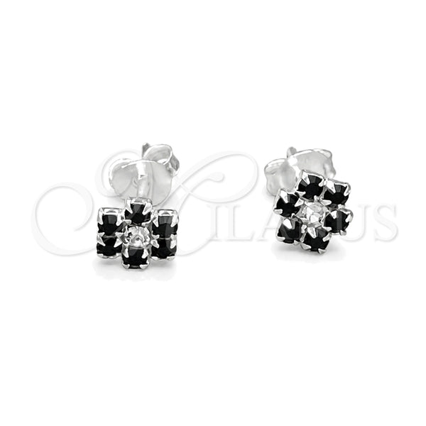 Sterling Silver Stud Earring, Flower Design, with Black Crystal, Polished, Silver Finish, 02.406.0015.01