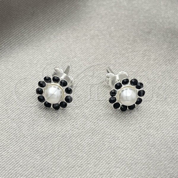Sterling Silver Ring — Stud Earring Flower Design with Black Crystal Polished — main product view — SKU 151722 | Plata 925 anillo — Stud Earring flor diseño with negro cristal pulido — SKU 151722