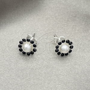 Sterling Silver Ring — Stud Earring Flower Design with Black Crystal Polished — main product view — SKU 151722 | Plata 925 anillo — Stud Earring flor diseño with negro cristal pulido — SKU 151722
