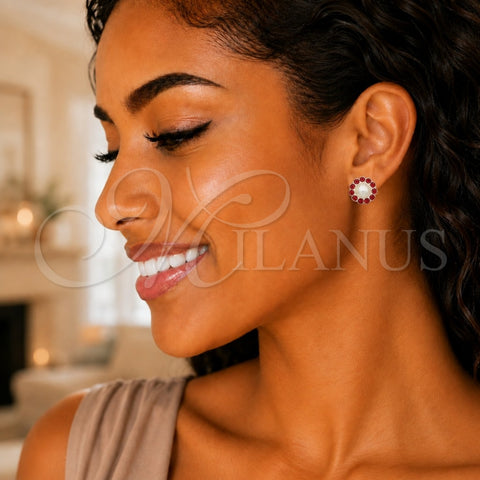 Sterling Silver Stud Earring, Flower Design, with Garnet Crystal, Polished, Silver Finish, 02.406.0018.02