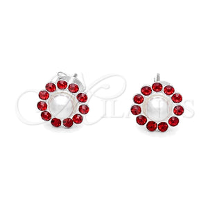 Sterling Silver Stud Earring, Flower Design, with Garnet Crystal, Polished, Silver Finish, 02.406.0018.02