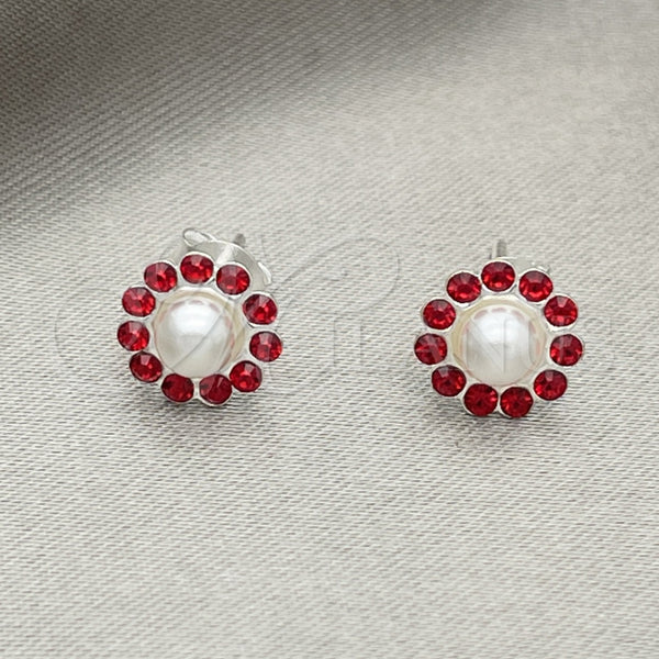 Sterling Silver Stud Earring, Flower Design, with Garnet Crystal, Polished, Silver Finish, 02.406.0018.02
